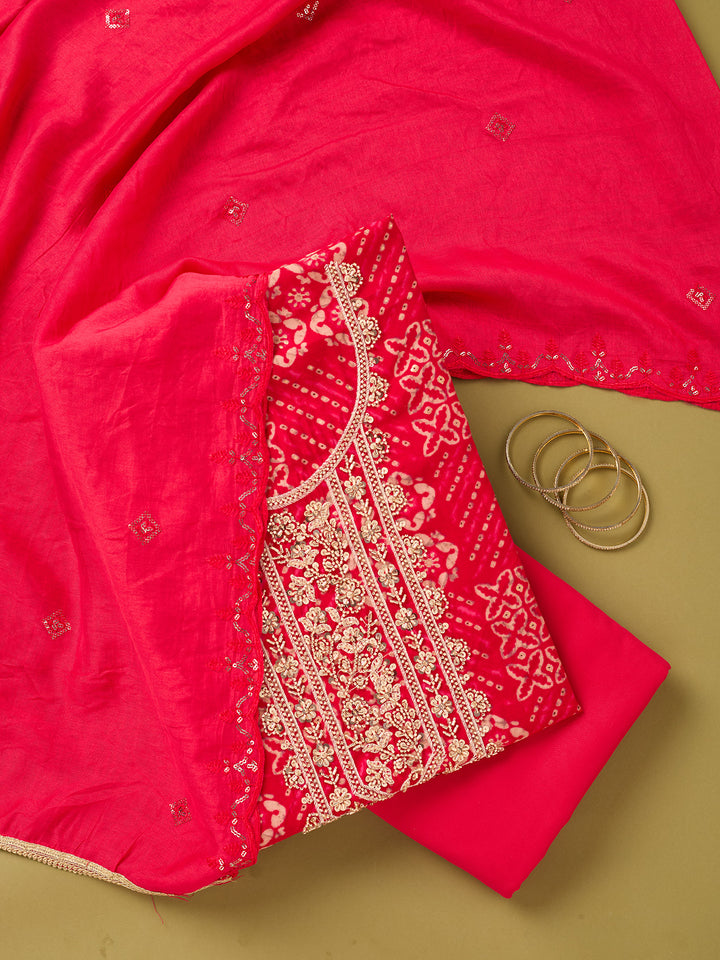 Rani Pink Chanderi Cutdana Unstitched Dress Material With Matching Bottom And Dupatta