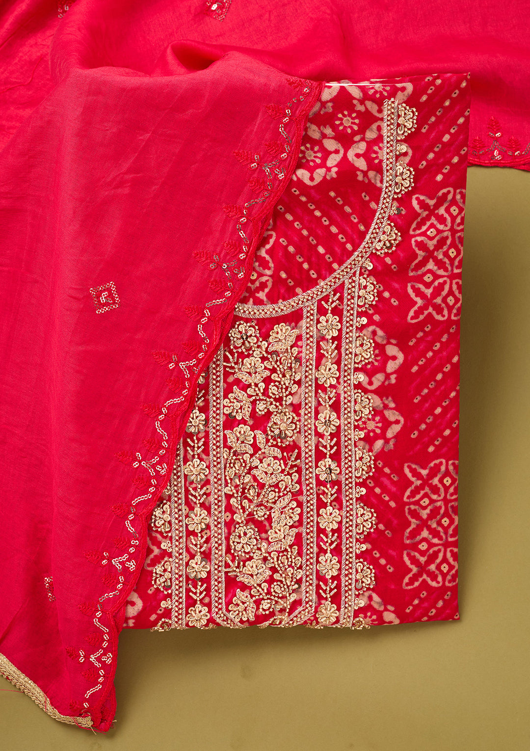 Rani Pink Chanderi Cutdana Unstitched Dress Material With Matching Bottom And Dupatta