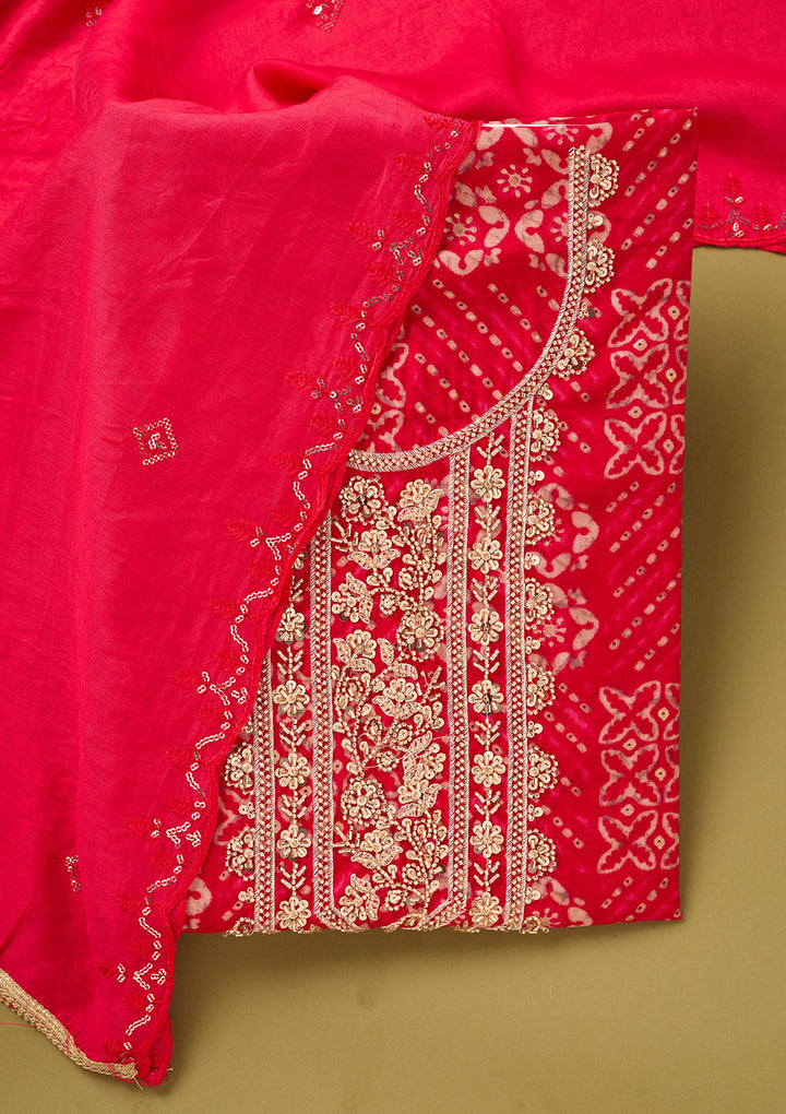 Rani Pink Chanderi Cutdana Unstitched Dress Material With Matching Bottom And Dupatta