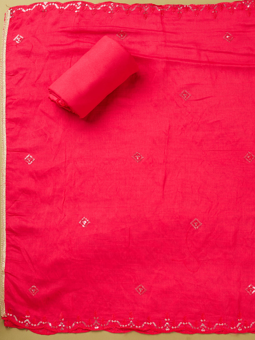 Rani Pink Chanderi Cutdana Unstitched Dress Material With Matching Bottom And Dupatta