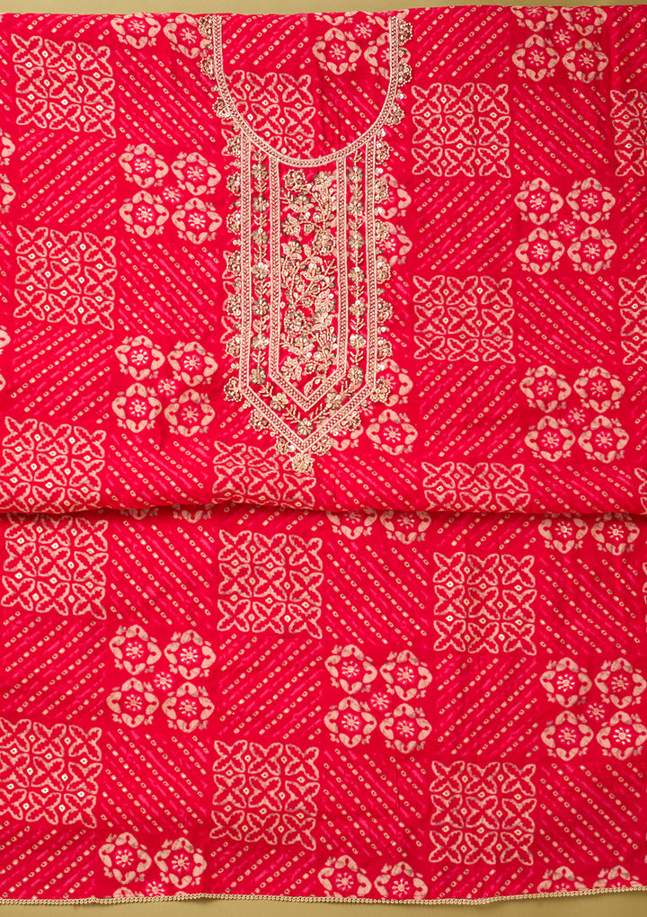 Rani Pink Chanderi Cutdana Unstitched Dress Material With Matching Bottom And Dupatta