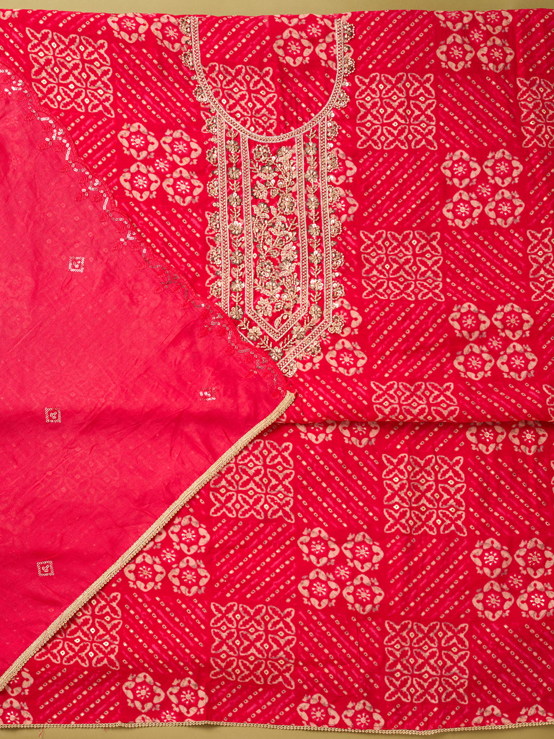 Rani Pink Chanderi Cutdana Unstitched Dress Material With Matching Bottom And Dupatta