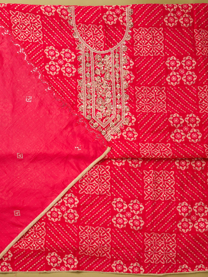 Rani Pink Chanderi Cutdana Unstitched Dress Material With Matching Bottom And Dupatta