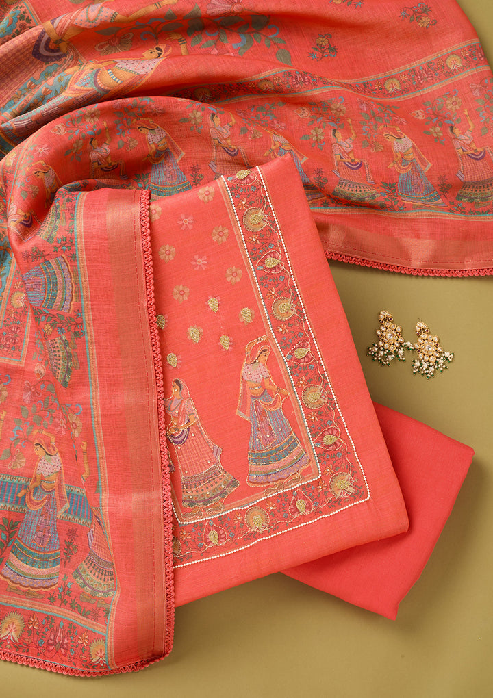 Red Cotton Threadwork Unstitched Dress Material With Matching Bottom And Dupatta