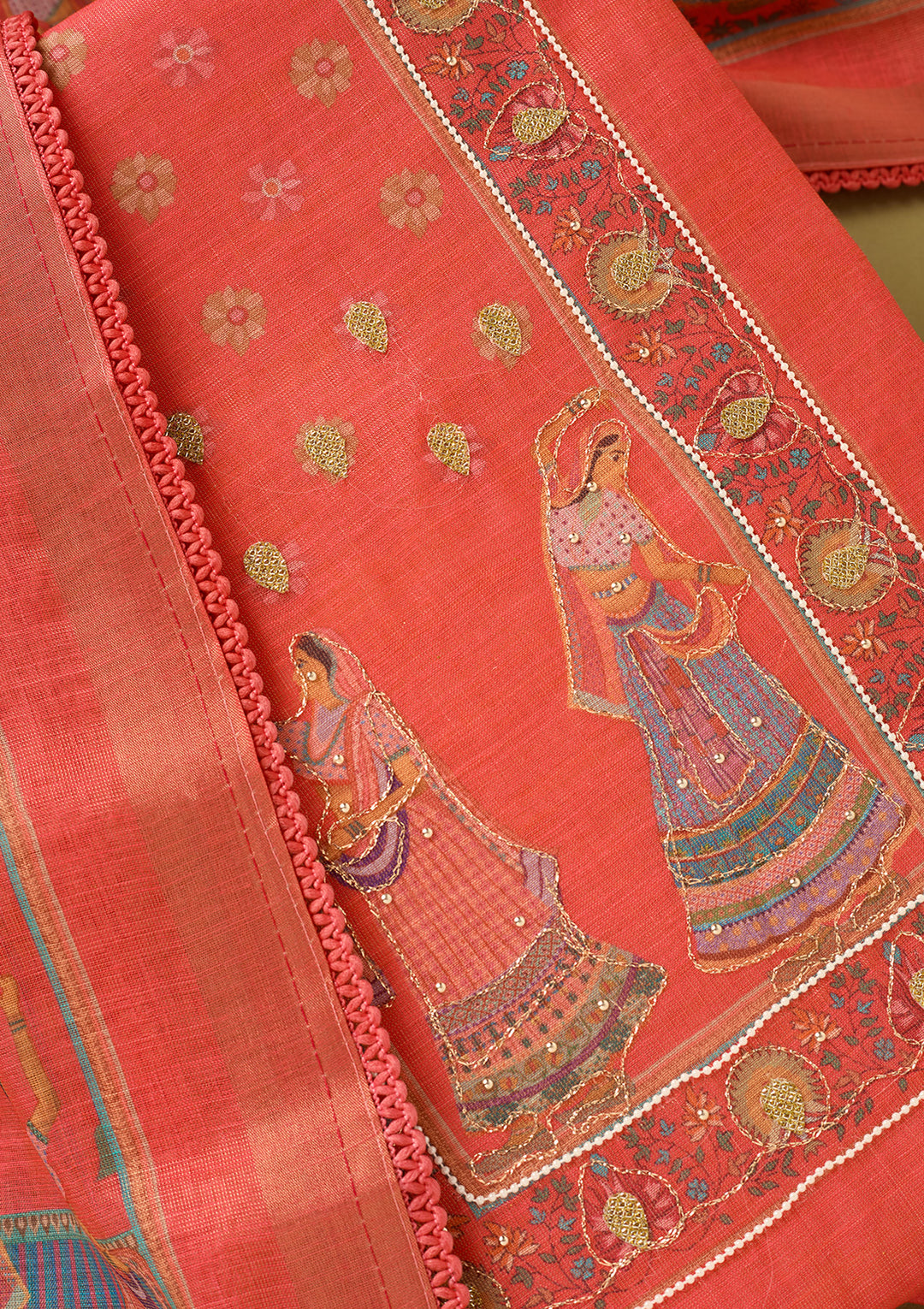 Red Cotton Threadwork Unstitched Dress Material With Matching Bottom And Dupatta