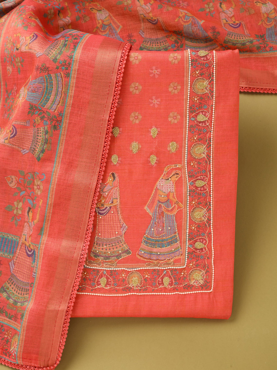 Red Cotton Threadwork Unstitched Dress Material With Matching Bottom And Dupatta
