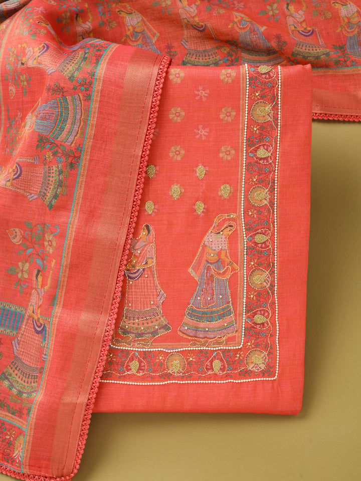 Red Cotton Threadwork Unstitched Dress Material With Matching Bottom And Dupatta