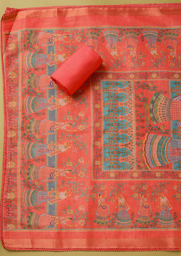 Red Cotton Threadwork Unstitched Dress Material With Matching Bottom And Dupatta