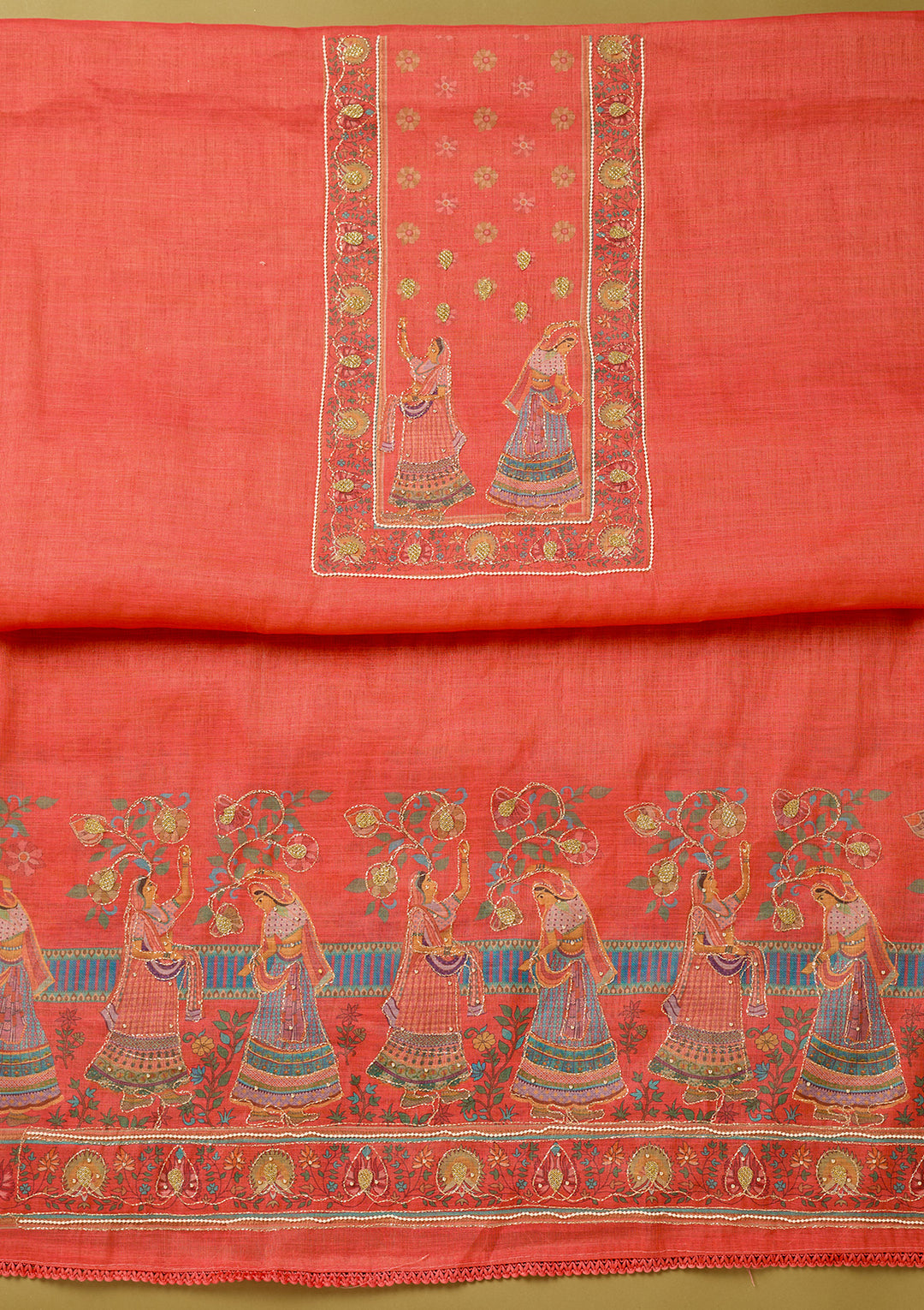 Red Cotton Threadwork Unstitched Dress Material With Matching Bottom And Dupatta