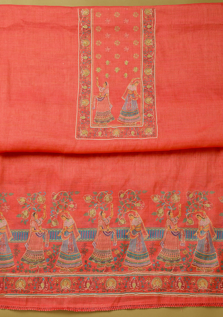 Red Cotton Threadwork Unstitched Dress Material With Matching Bottom And Dupatta