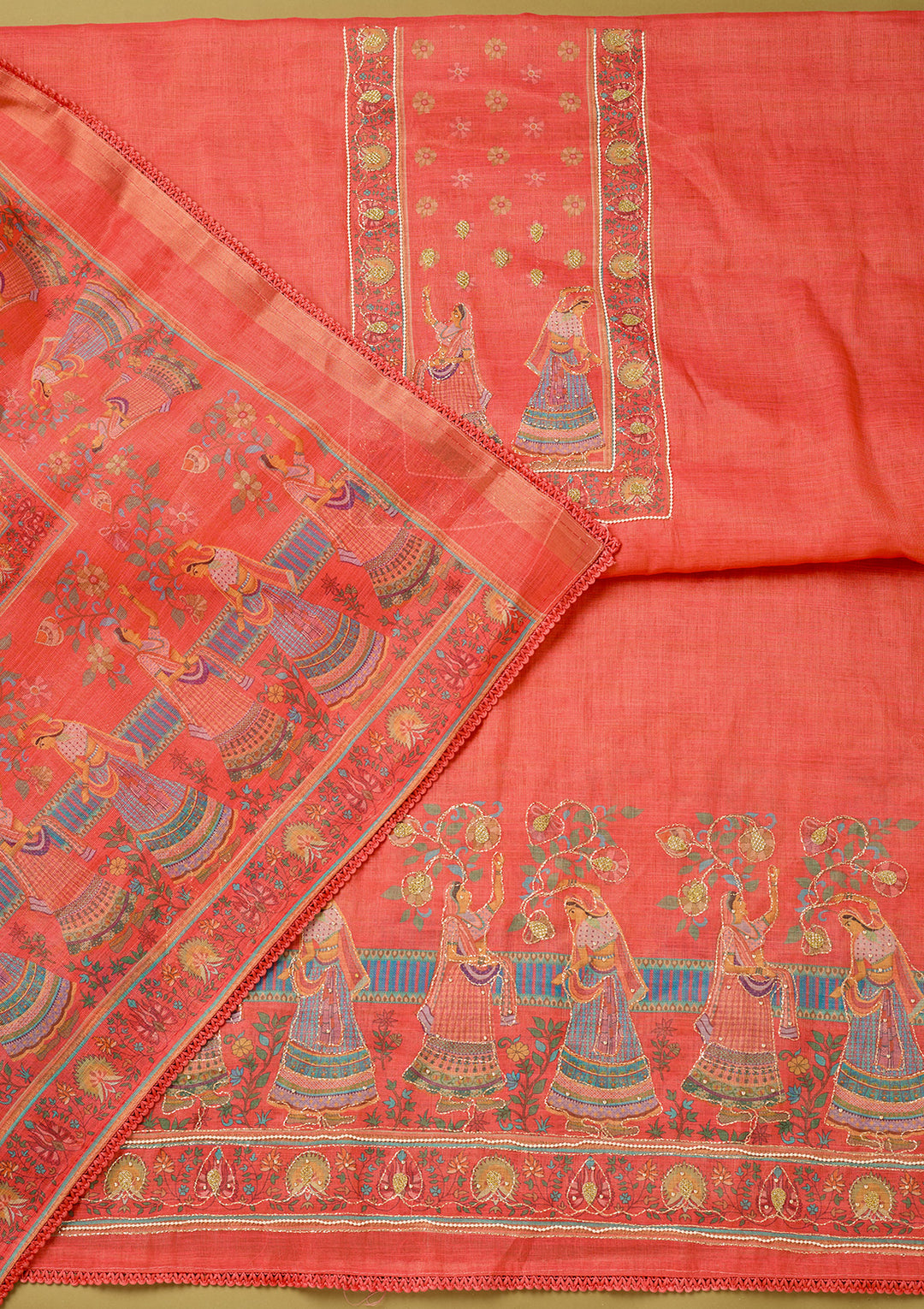 Red Cotton Threadwork Unstitched Dress Material With Matching Bottom And Dupatta