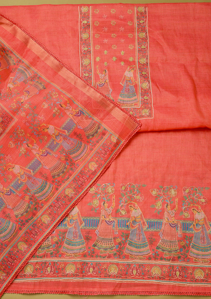 Red Cotton Threadwork Unstitched Dress Material With Matching Bottom And Dupatta