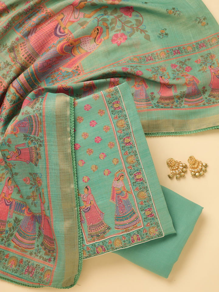 Sea Green Cotton Threadwork Unstitched Dress Material With Matching Bottom And Dupatta