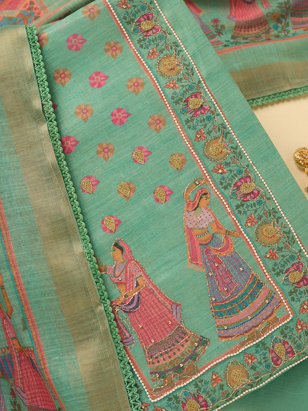 Sea Green Cotton Threadwork Unstitched Dress Material With Matching Bottom And Dupatta