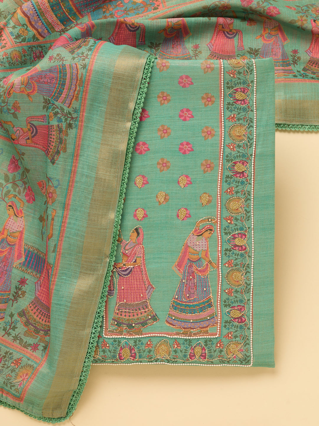 Sea Green Cotton Threadwork Unstitched Dress Material With Matching Bottom And Dupatta