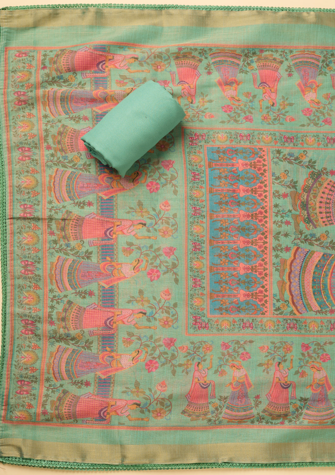 Sea Green Cotton Threadwork Unstitched Dress Material With Matching Bottom And Dupatta