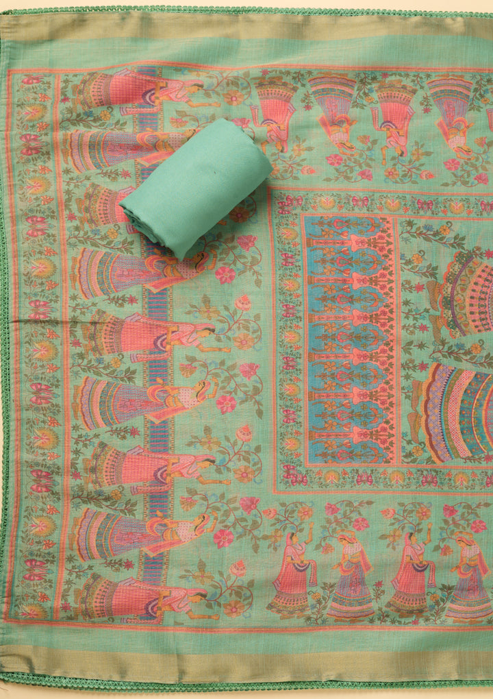 Sea Green Cotton Threadwork Unstitched Dress Material With Matching Bottom And Dupatta