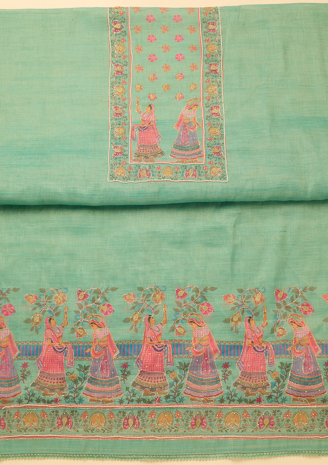 Sea Green Cotton Threadwork Unstitched Dress Material With Matching Bottom And Dupatta