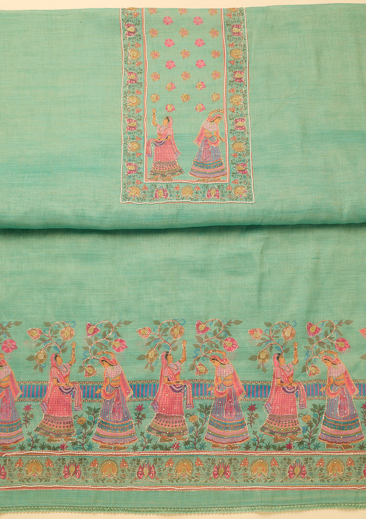 Sea Green Cotton Threadwork Unstitched Dress Material With Matching Bottom And Dupatta