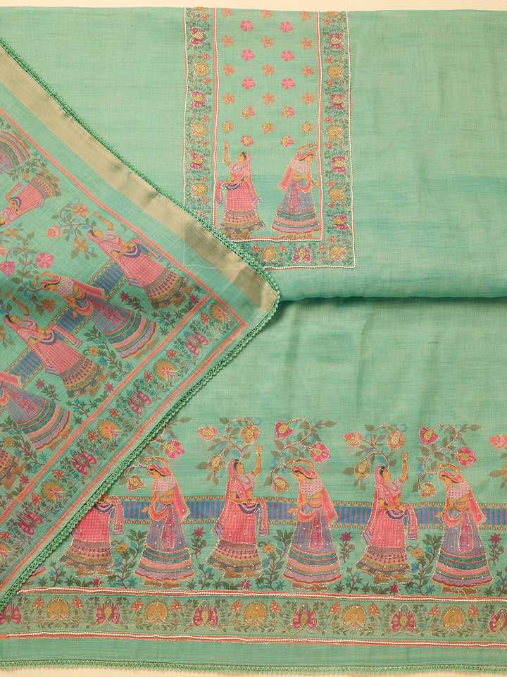 Sea Green Cotton Threadwork Unstitched Dress Material With Matching Bottom And Dupatta