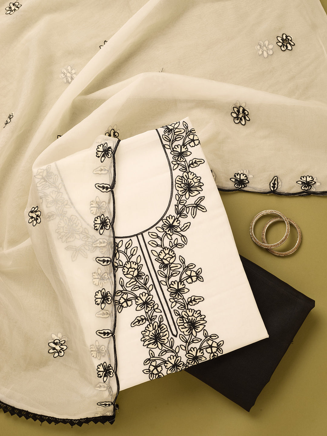 Off White Black Cotton Threadwork Unstitched Dress Material With Matching Bottom And Dupatta