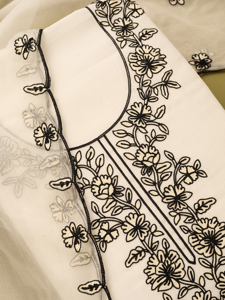 Off White Black Cotton Threadwork Unstitched Dress Material With Matching Bottom And Dupatta