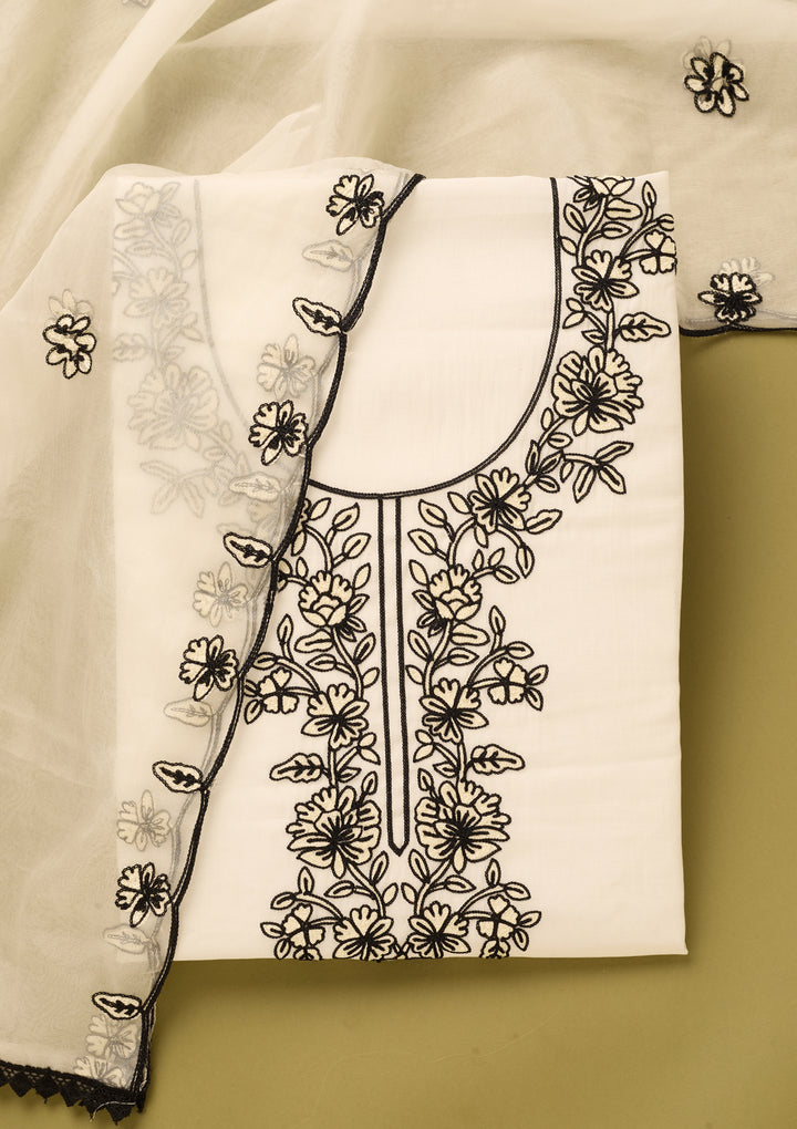 Off White Black Cotton Threadwork Unstitched Dress Material With Matching Bottom And Dupatta