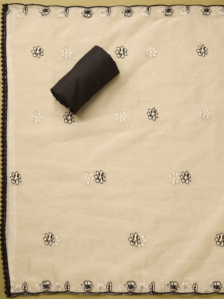 Off White Black Cotton Threadwork Unstitched Dress Material With Matching Bottom And Dupatta
