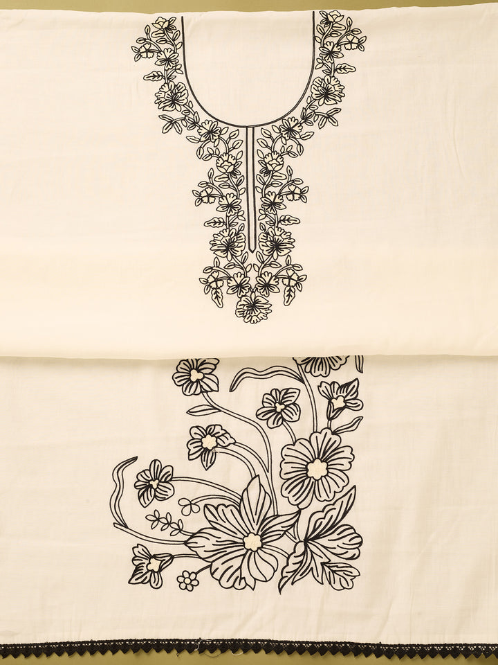 Off White Black Cotton Threadwork Unstitched Dress Material With Matching Bottom And Dupatta