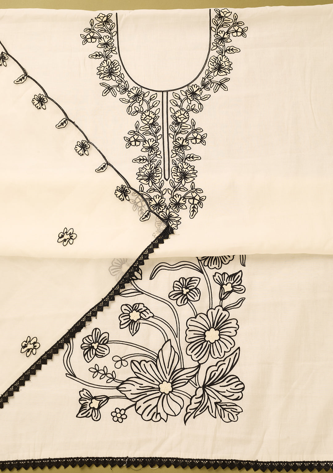 Off White Black Cotton Threadwork Unstitched Dress Material With Matching Bottom And Dupatta