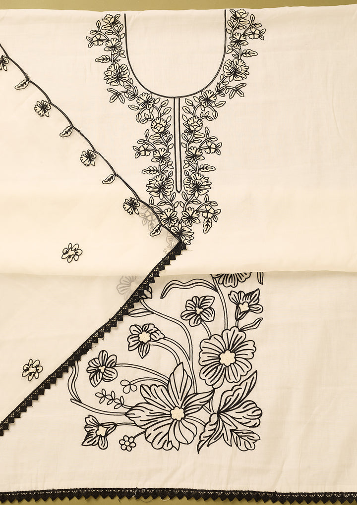 Off White Black Cotton Threadwork Unstitched Dress Material With Matching Bottom And Dupatta
