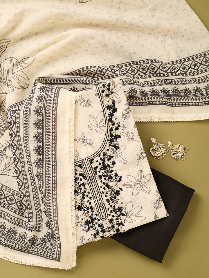 Off White Black Cotton Threadwork Unstitched Dress Material With Matching Bottom And Dupatta