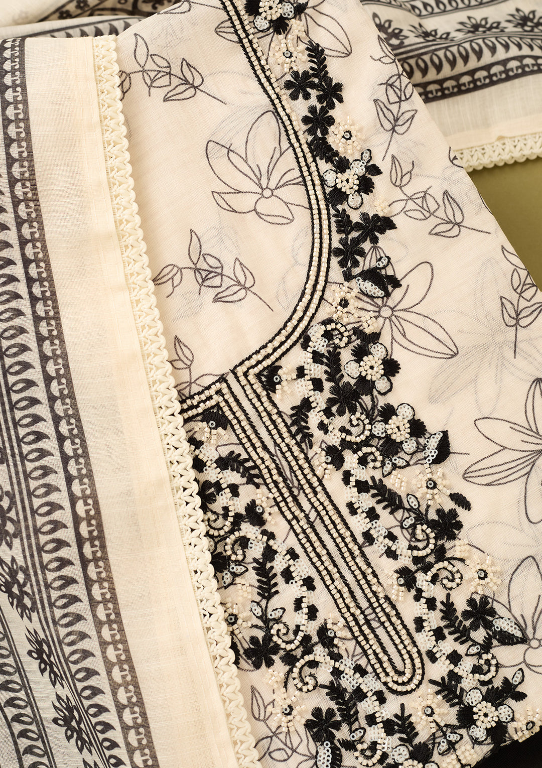 Off White Black Cotton Threadwork Unstitched Dress Material With Matching Bottom And Dupatta
