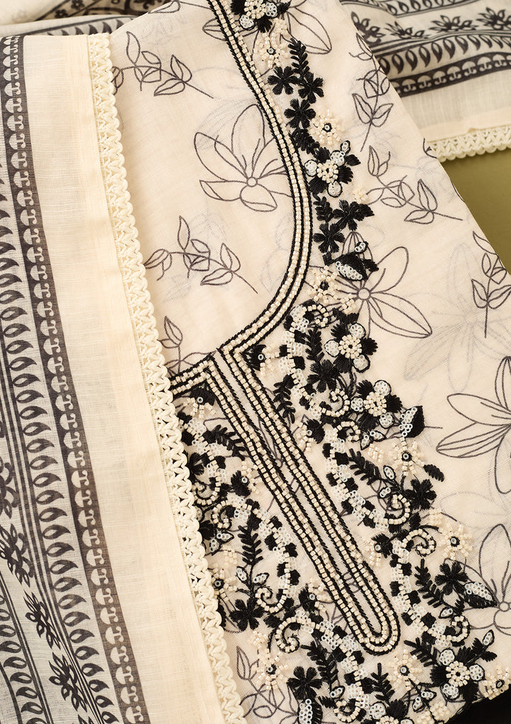 Off White Black Cotton Threadwork Unstitched Dress Material With Matching Bottom And Dupatta