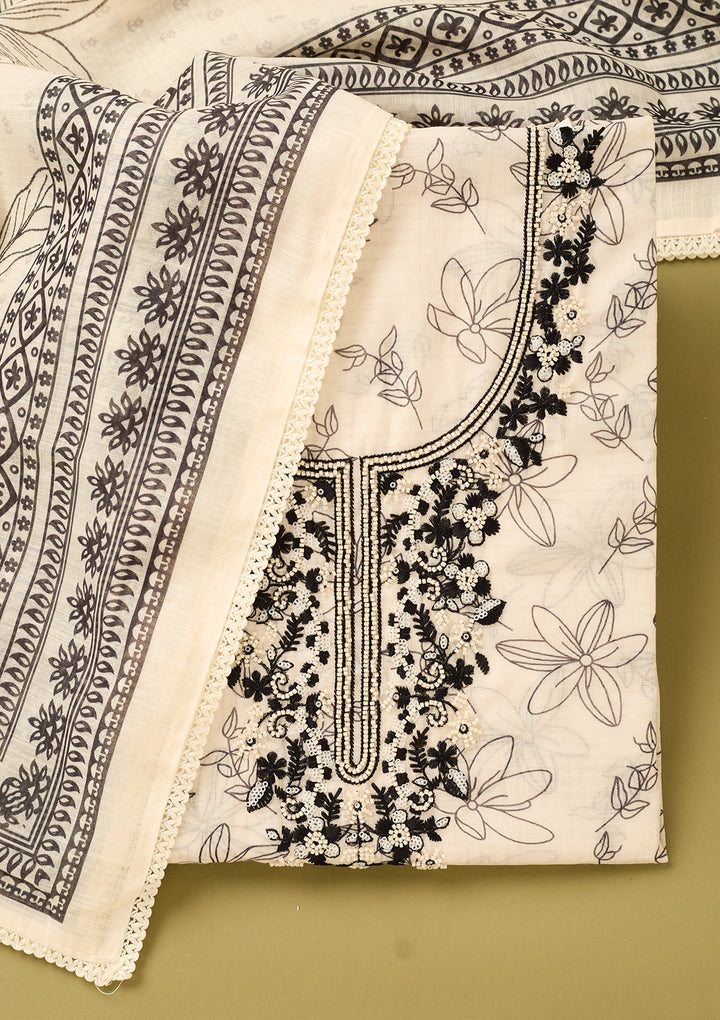 Off White Black Cotton Threadwork Unstitched Dress Material With Matching Bottom And Dupatta