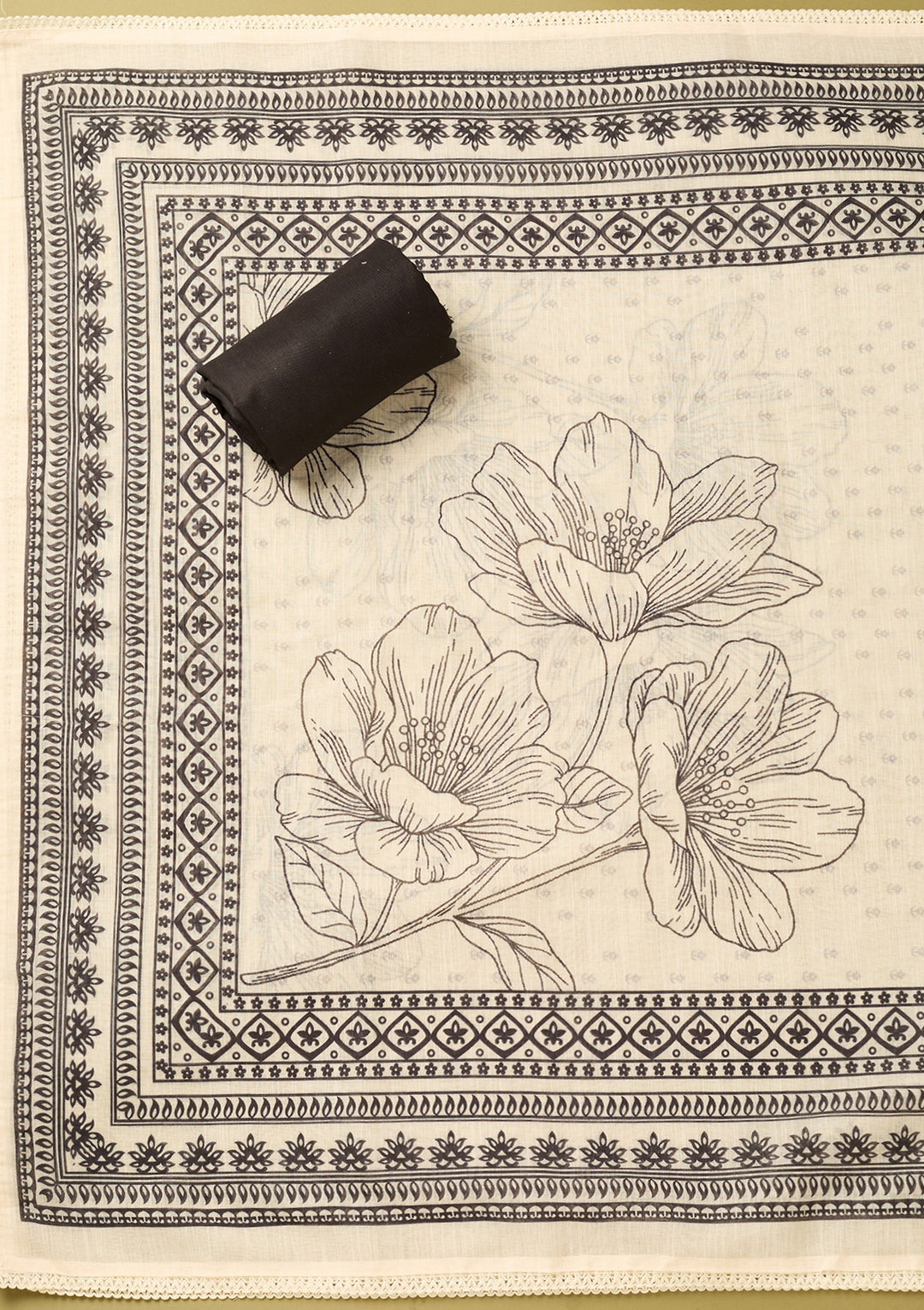Off White Black Cotton Threadwork Unstitched Dress Material With Matching Bottom And Dupatta