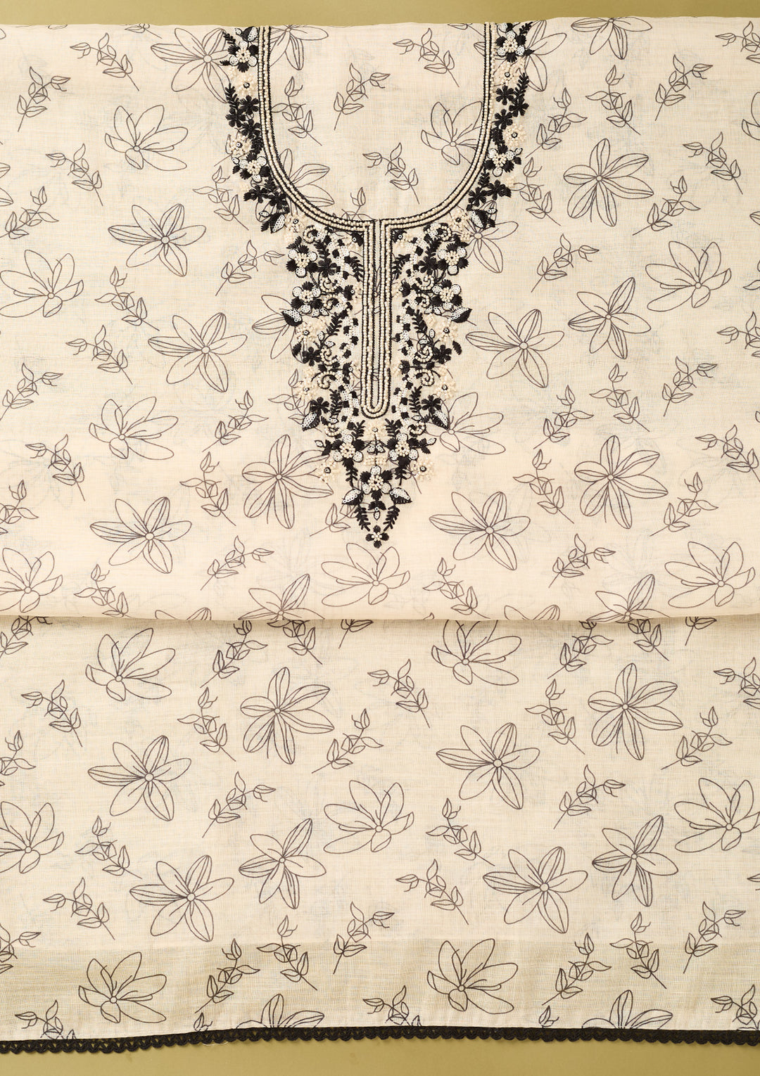 Off White Black Cotton Threadwork Unstitched Dress Material With Matching Bottom And Dupatta
