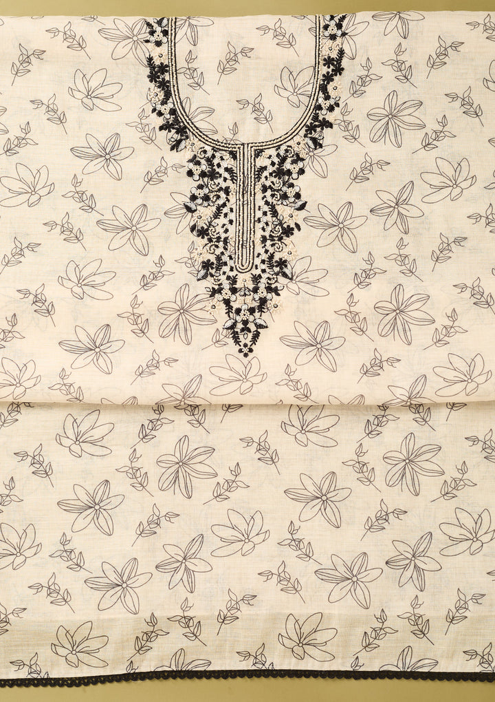 Off White Black Cotton Threadwork Unstitched Dress Material With Matching Bottom And Dupatta