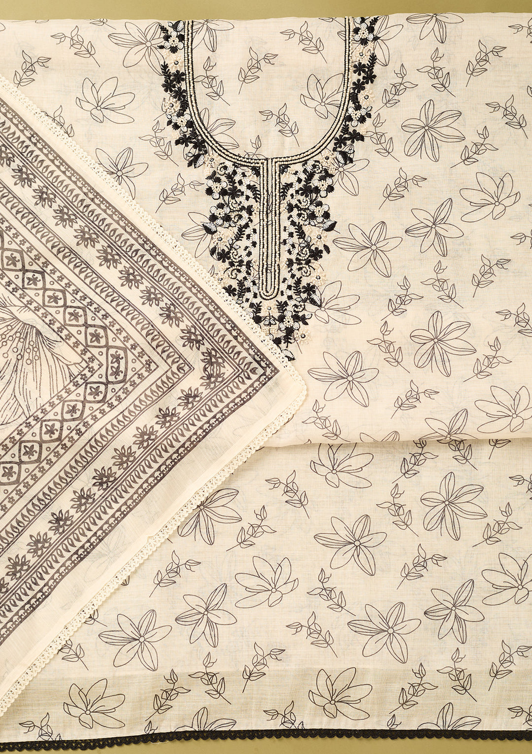 Off White Black Cotton Threadwork Unstitched Dress Material With Matching Bottom And Dupatta