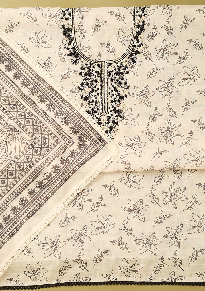 Off White Black Cotton Threadwork Unstitched Dress Material With Matching Bottom And Dupatta