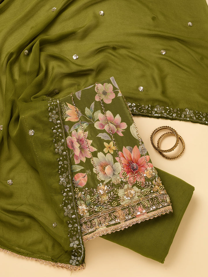 Leaf Green Crepe Floral Cutdana Unstitched Dress Material With Matching Bottom And Dupatta