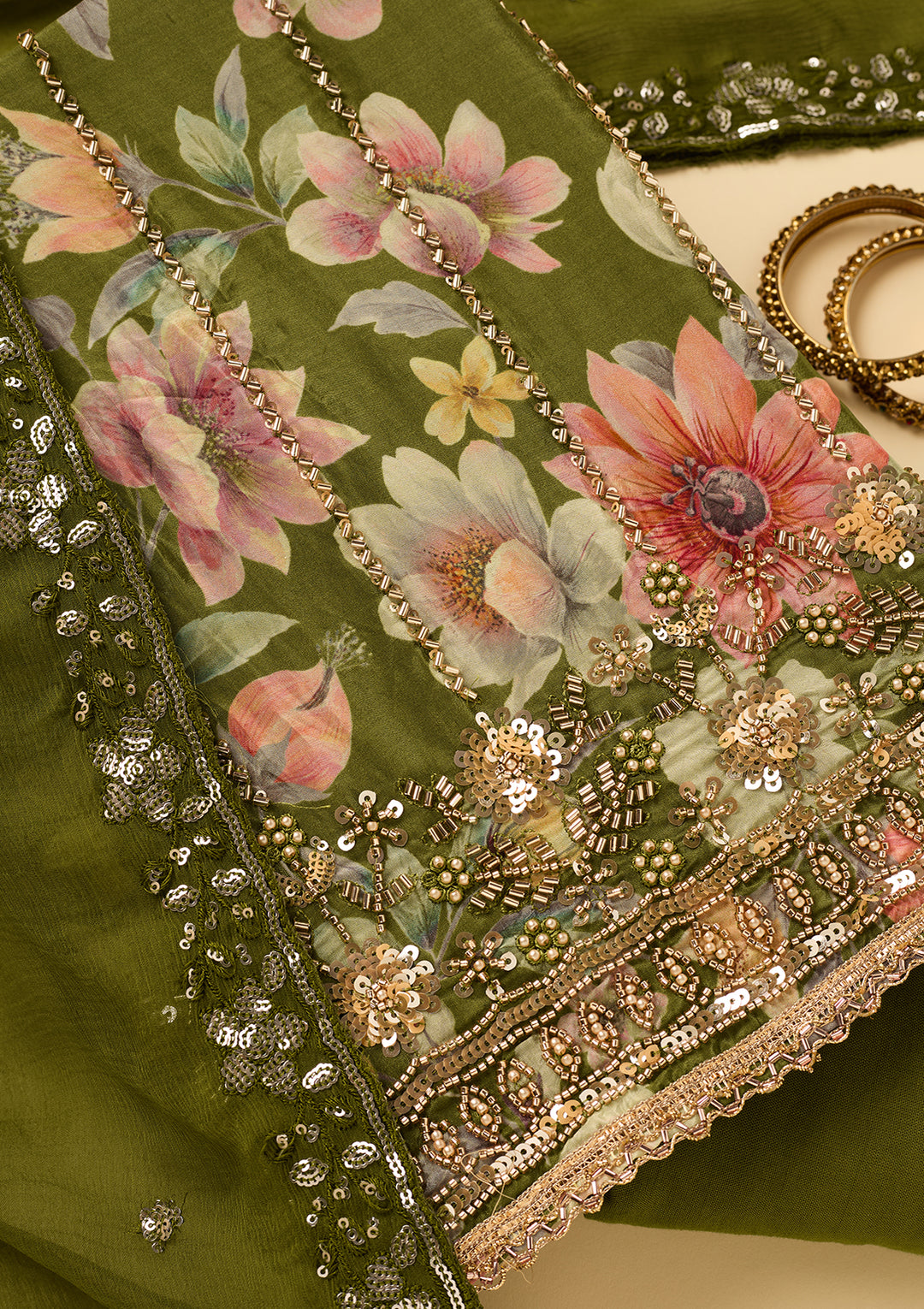 Leaf Green Crepe Floral Cutdana Unstitched Dress Material With Matching Bottom And Dupatta