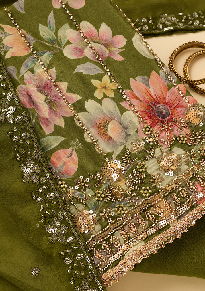 Leaf Green Crepe Floral Cutdana Unstitched Dress Material With Matching Bottom And Dupatta