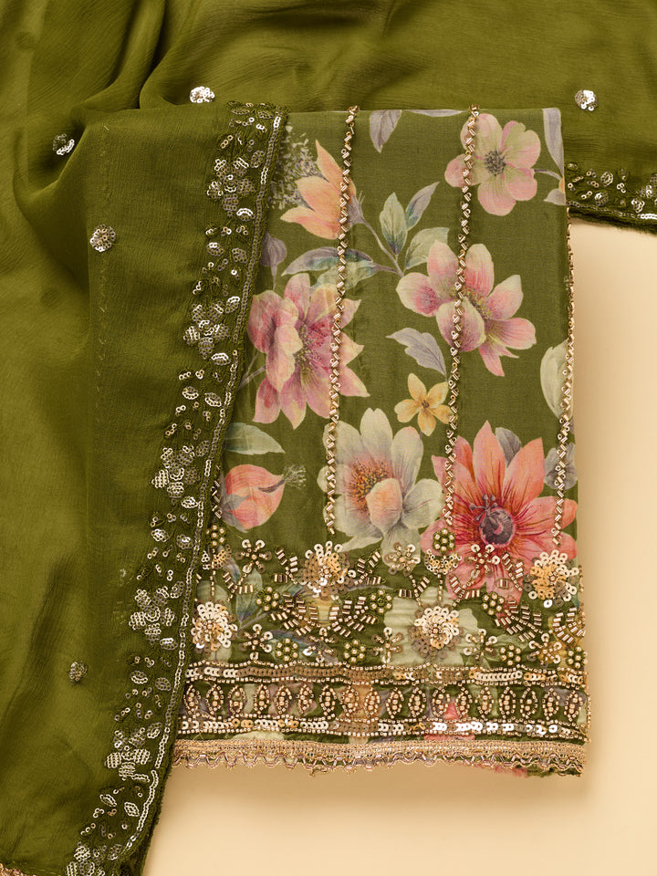 Leaf Green Crepe Floral Cutdana Unstitched Dress Material With Matching Bottom And Dupatta