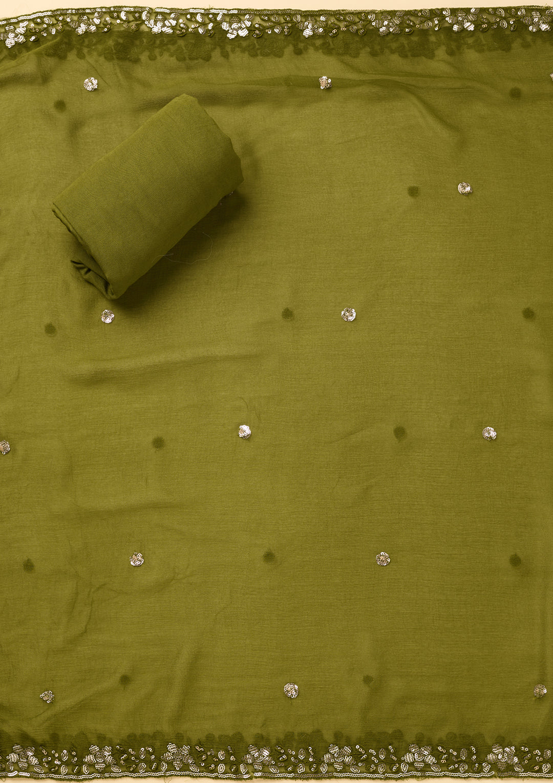 Leaf Green Crepe Floral Cutdana Unstitched Dress Material With Matching Bottom And Dupatta