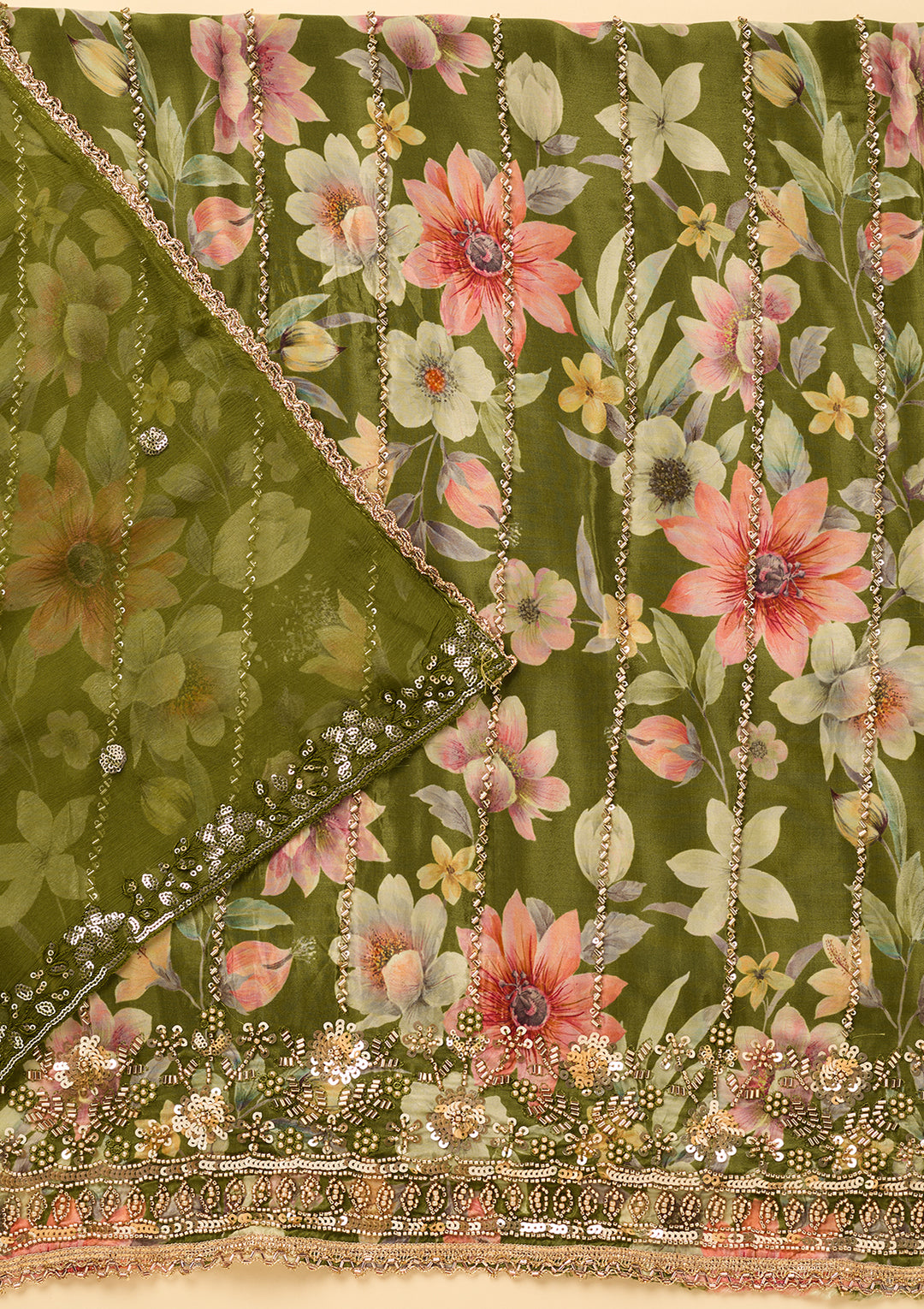 Leaf Green Crepe Floral Cutdana Unstitched Dress Material With Matching Bottom And Dupatta
