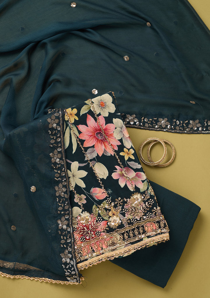 Peacock Blue Crepe Floral Cutdana Unstitched Dress Material With Matching Bottom And Dupatta