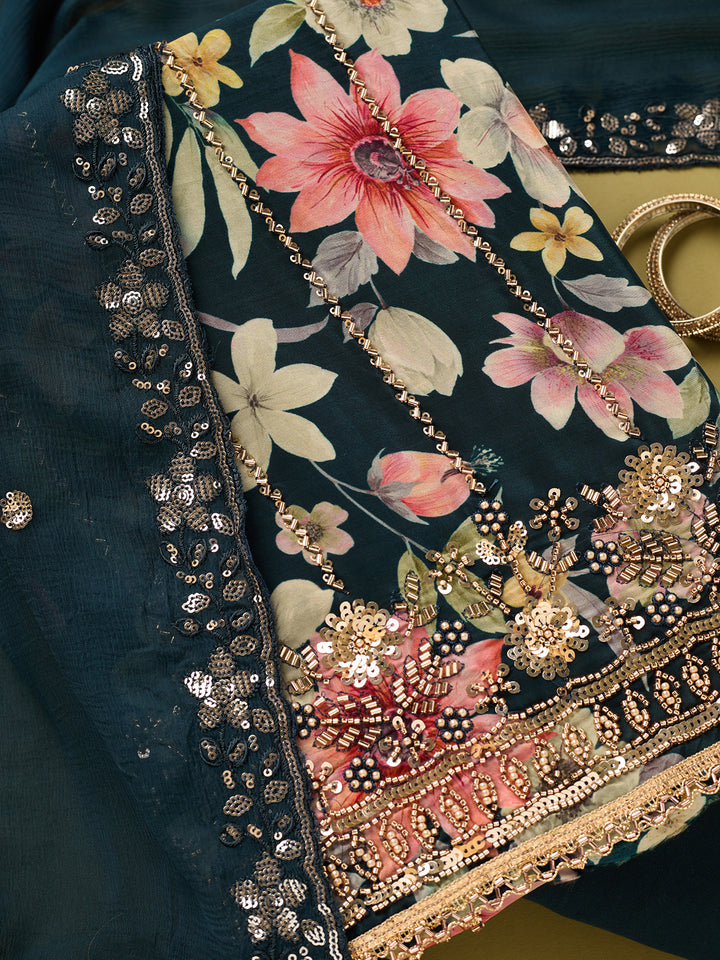 Peacock Blue Crepe Floral Cutdana Unstitched Dress Material With Matching Bottom And Dupatta