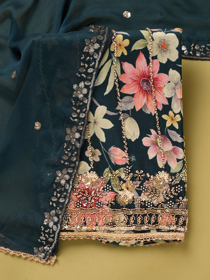 Peacock Blue Crepe Floral Cutdana Unstitched Dress Material With Matching Bottom And Dupatta
