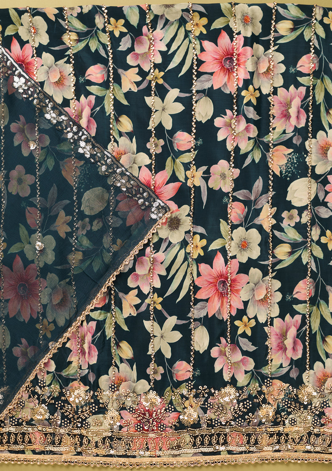 Peacock Blue Crepe Floral Cutdana Unstitched Dress Material With Matching Bottom And Dupatta